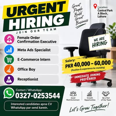 URGENT HIRING – CENTRAL PARK, LAHORE