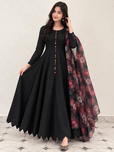 Beautiful Black Anarkali Maxi Frock with orgenza Dupatta