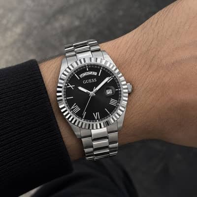 Guess black silver tone black dial roman numerals