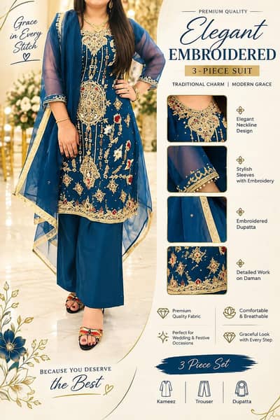 Elegant embroided three piece premium wedding dress