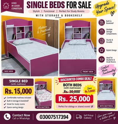 Single Beds with Mattress & Built-in Bookshelves/Storage