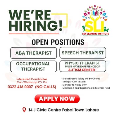 aba , speech , ot and physio therapist autism center job in lahore