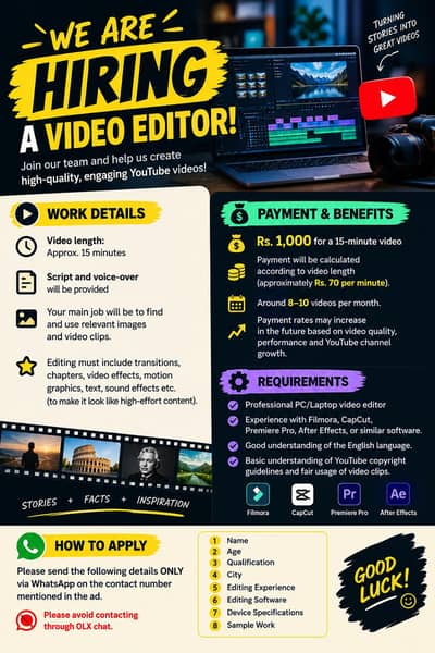 video editor required . contact on whatsapp : 03285158988.