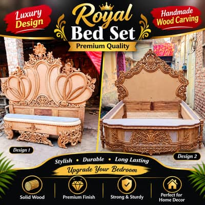 Royal Luxury Carved Wooden Bed Set | Premium Handmade Design