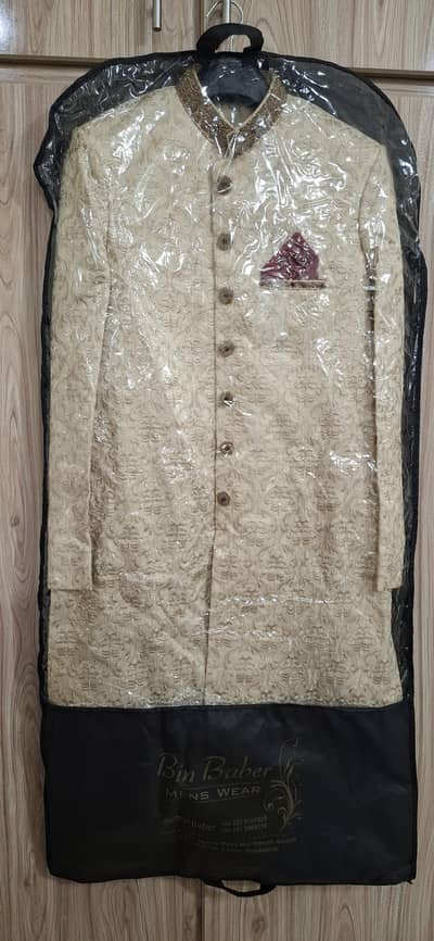 Cream Sherwani for Groom with free waistcoat for Mahendi