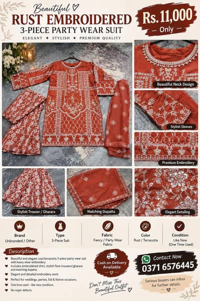 Beautiful Rust Embroidered 3-Piece Party Wear Suit – Like New