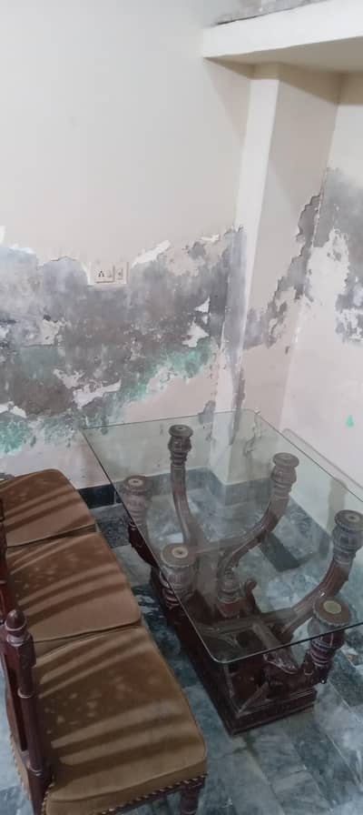 Vintage style glass dining table set with six antique chairs. full wood