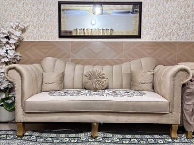 3 Seater Wooden Sofa with 3 Cushions | Velvet Fabric | Beige & Gold