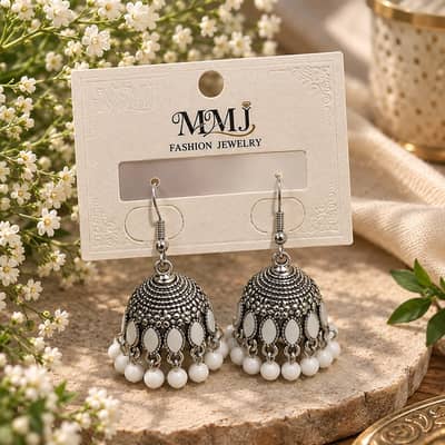 White beaded jhumkas