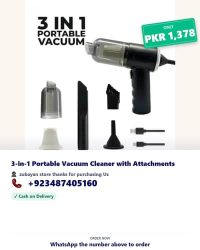 3-in-1 Portable Vacuum Cleaner with Attachments