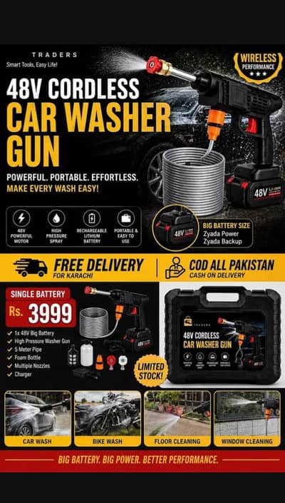 48V Pressure Washer Gun | Car Washer | Solar & Bike Washer | Portable