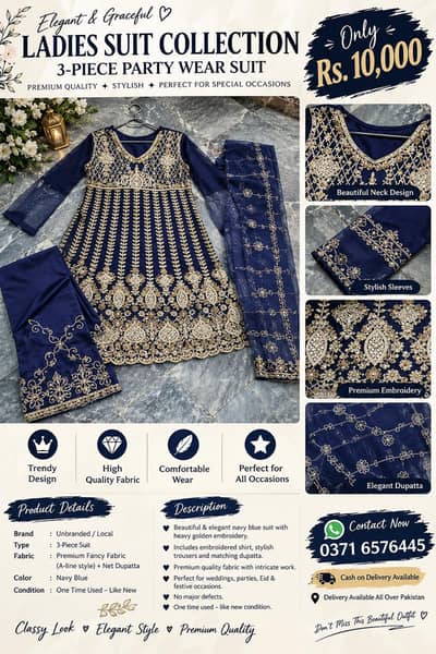 Beautiful Navy Blue & Golden Embroidered Party Wear Dress – Like New