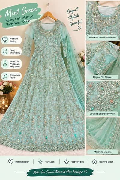 Beautiful Mint Green Heavy Embroidered formal Wear Dress