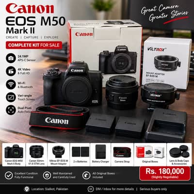 Canon EOS M50 Mark II + 50mm Lens + Viltrox Adapter Complete Kit