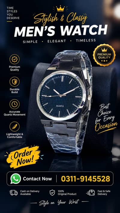 ⌚ premium men's black and silver Quartz watch ⌚