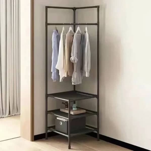 Clothes Hanging Stand for Corners with 3 Shelves and Double Hooks