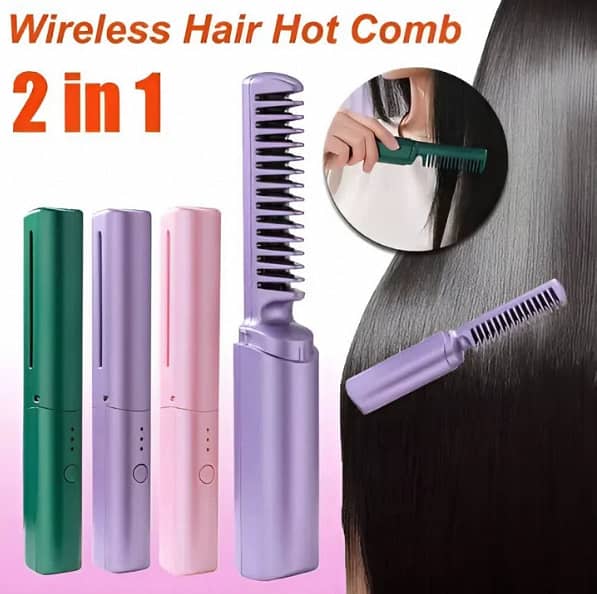 Straightner - Wireless Hair Hot Comb: Portable USB Rechargeable Straightener, Brush and Curler in One