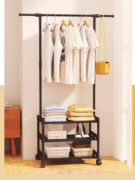 Clothes Hanging Stand with Corner Shelves – 3-Tier Rack, Double Hooks, 4-Wheel Mobility