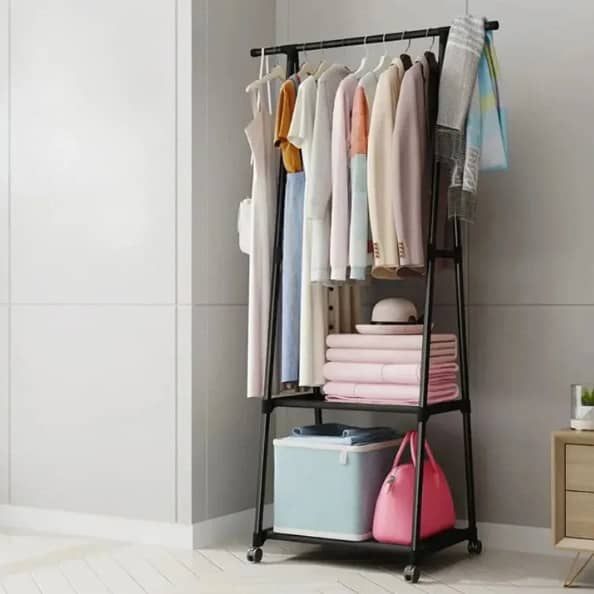 Clothes Hanging Stand for Corner Use with 3-Tier Shelves and Double Hooks