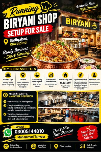 Running Biryani Shop Setup for Sale in Sadiqabad, Rawalpindi