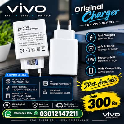 Original Vivo 44W FlashCharge Fast Charger Adapter (Model: V8073L0A1-