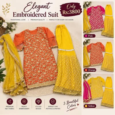 Beautiful Embroidered 3-Piece Party Wear Suit – Pink & Orange