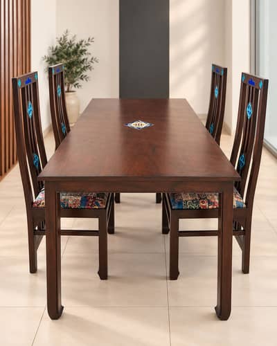 Premium Dining Table with 4 Kalamkari Chairs – Elegant Traditional Set