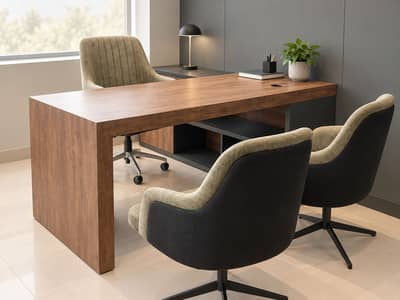 Interwood Office Table with 4 Visitor Chairs & 2 Revolving Chairs