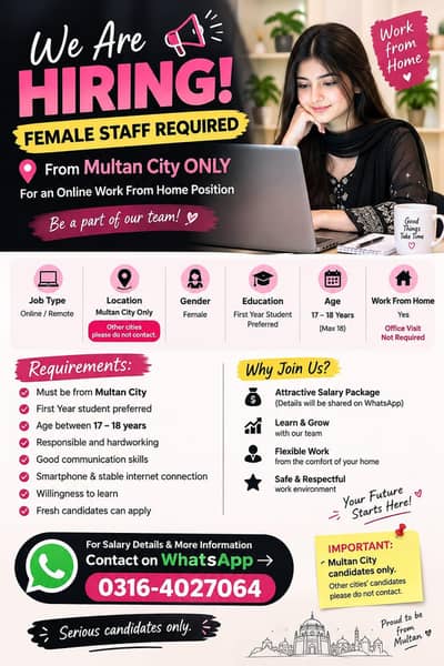 Female Staff Required – Online Work From Home | Multan