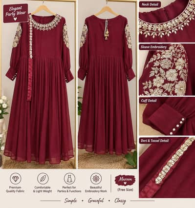 Maroon Embroidered Party Wear Dress – 1 Time Worn