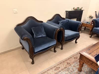 Luxury 7-Seater Sofa Set in Royal Blue Plush Velvet – Excellent Cond