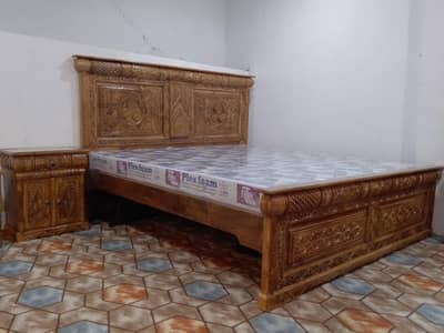 king size wooden bed with sides table in Swati pure hand carved  desi