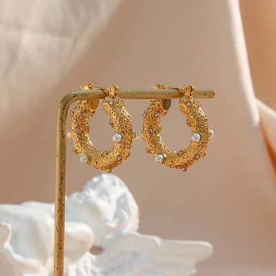 Stainless Steel Cubic Zircon Statement Pearl Hoop Huggie Earri