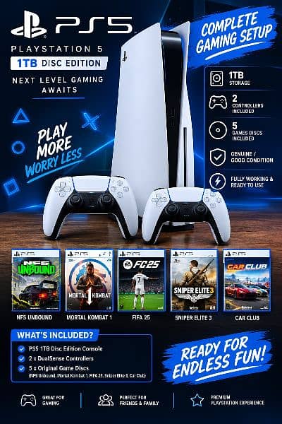 PS5 1TB Disc Edition/ Extra Controller/5 Games Discs/Genuine Condition