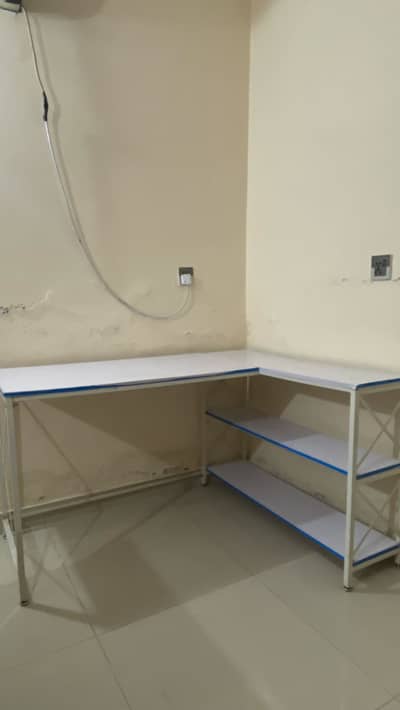 L Shape White Study/Gaming/Office Table with storage racks