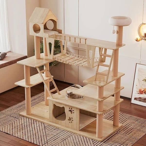 Large Wooden Cat Playground | Multi-Level Cat Tree Tower | Climbing House with Bridge, Scratching Posts & Activity Set