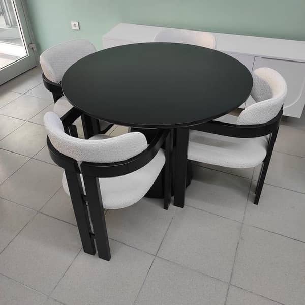 Modern Round Black Dining Table with 4 Cushioned Chairs | Stylish 110 cm Round Table Set