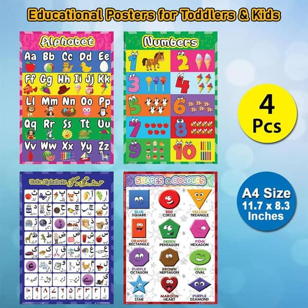 Educational Preschool Poster Learning Charts 04 pcs A4 size for Toddler and Kid for Nursery Homeschool Kindergarten Classroom Different wall posters