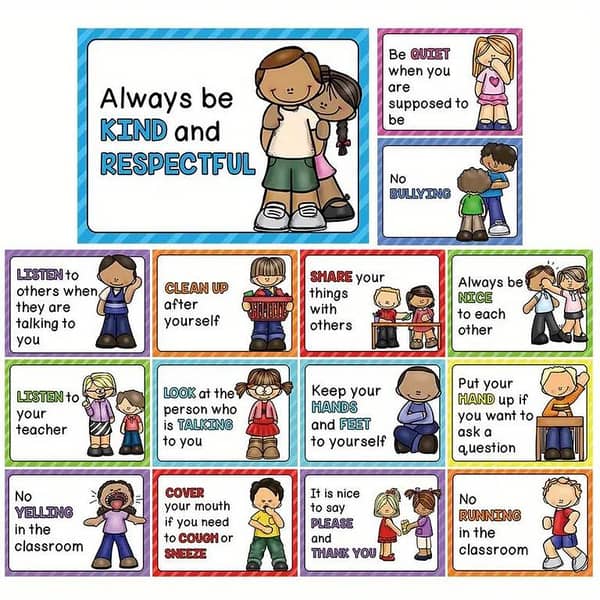 15 Pcs Educational Learning Cards For Children Classroom Rules Posters Chart Montessori Early Education English Learning Toys Kindergarten Classroom Learning Wall Chart