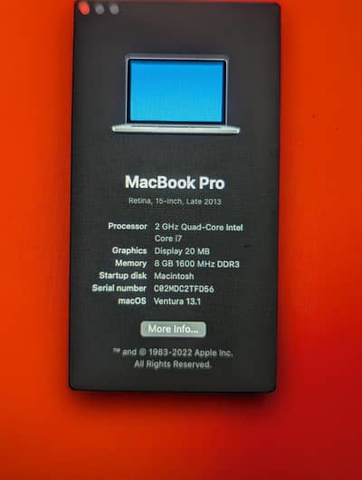 MacBook Pro Retina 15" Late 2013 | Core i7 | 8GB RAM | Ventura