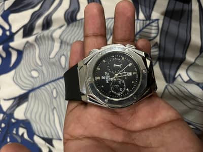 Men’s Black Dial Watch – Silver-Tone Case & Black Strap