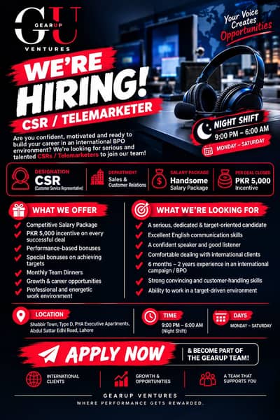 CSR / Telemarketer – BPO | Night Shift | Lahore