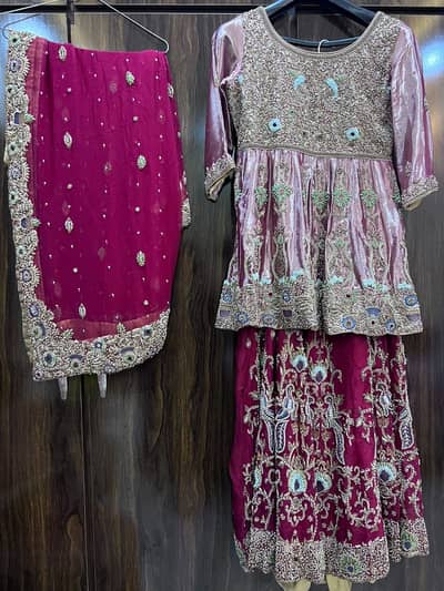 Red 3 piece customize lehnga with chiffon dupatta and pouch