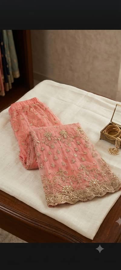 Designer Heavily Embroidered Peach & Sky Blue Net Frock / Maxi