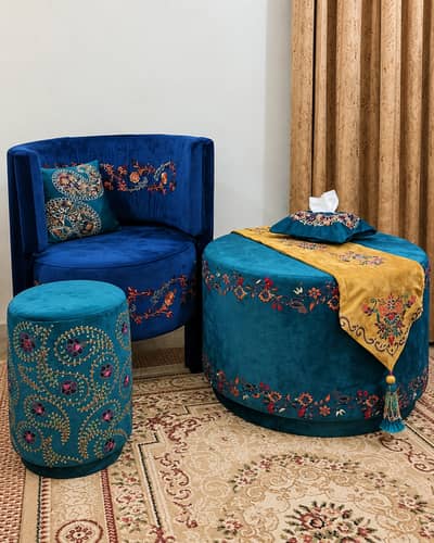 Luxury Embroidered Velvet Accent Chair Set (3 Pcs)