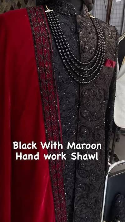 Royal Black Embroidered Sherwani | Maroon Qula & Shawl