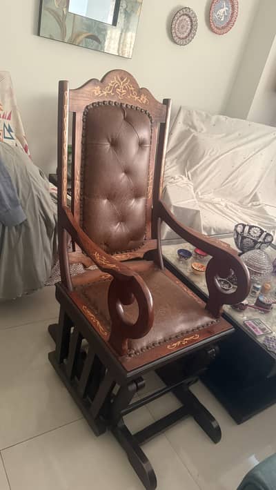 Engraved Original Sheeham wood swing chair with foot rest