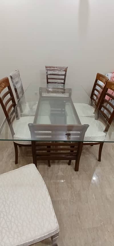 6 Seater Sheesham Wood Dining Table Set, Glass top, Brand New