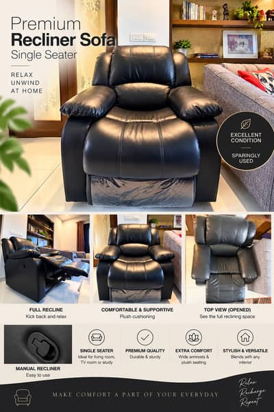 Premium Black Leather Recliner Sofa – Single Seater | Excellent Condi
