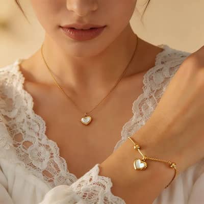 Women Stainless Steel Heart Jewelry Set | White Black Shell Pendant Ne